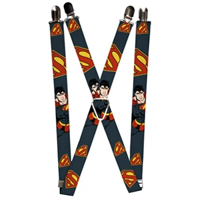 Image of Buckle Down Men&#039;s Suspenders Superman Action Pose/Scattered Shield Navy/Gold, Multicoloured, One Size
