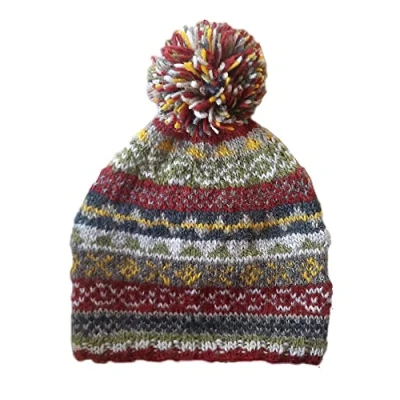 Image of Pachamama Women Wool Beanie Bobble Hat Fleece Lined Handknitted Traditional Fairisle Rust Multicoloured One Size Handmade Extra Warm Fair Trade