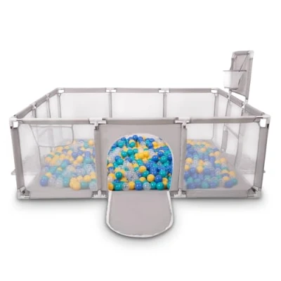 Image of Selonis Baby Playpen Big Size Playground with 100 Balls for Kids, Grey:Turquoise/Blue/Yellow/Transparent