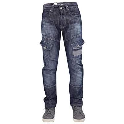 Image of Crosshatch Mens Jeans New Cargo Combat Dark Washed Straight Leg W42 L30