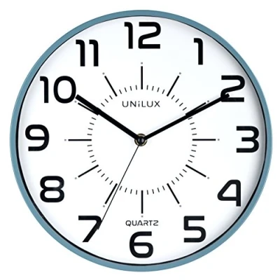 Image of Unilux 400094560 non POP wall clock in blue with silent movement 28.5 cm diameter large dial without ticking, quiet, Glass Plastic, 28,5cm