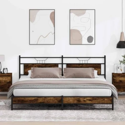 Image of vidaXL Sturdy Metal Bed Frame with Headboard Smoked Oak, 200x200 cm, Steel &amp; Engineered Wood, Bedroom Furniture, Elegant Design, Extra Storage