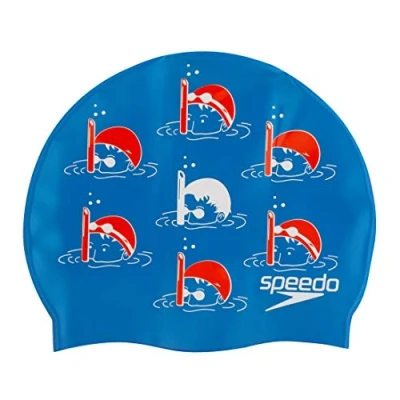 Image of Speedo Men Boy&#039;s Junior Slogan Swimming Cap Blue/Red, One Size