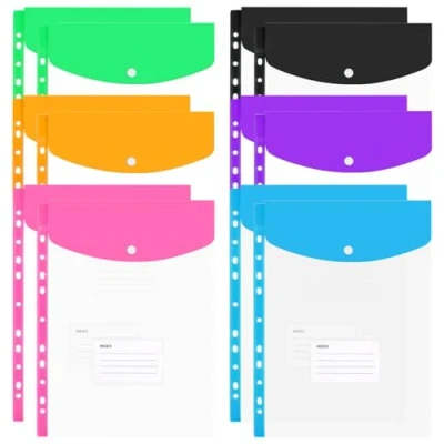 Image of Plastic Wallets A4 Punched Pockets 12PCS Expandable Folders Document Files Popper with Button Closure and Label Pocket for Home, Office School Files, Assorted Colours