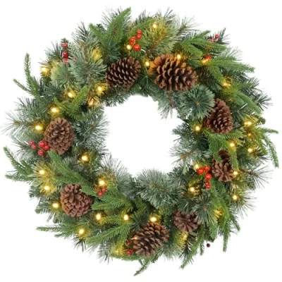 Image of HOMCOM 60cm Pre Lit Christmas Wreath for Front Door with LED Lights, Pine Cones and Red Berries, Winter Windows, Wall Decoration, Green