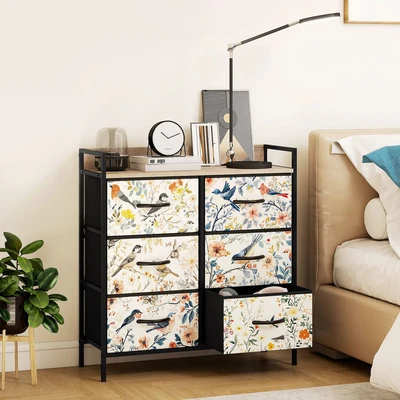 Image of HOMCOM Bedroom Chest of Drawers, Fabric Dresser with 6 Open Shelf and Steel Frame for Living Room, Hallway, White