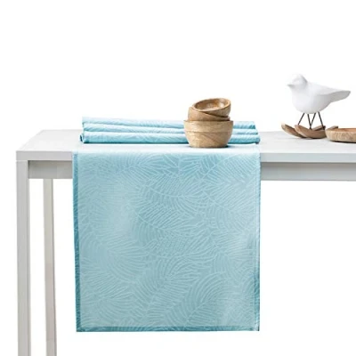 Image of AmeliaHome Gaia Table Runner 30 x 100 cm Lotus Effect Water Repellent Leaves Light Blue