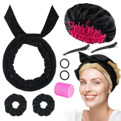 Image of 9 PCS Heatless Curlers Headband Set, Velour Curls, Soft and Comfortable Hair Curlers, No Heat for DIY (Black, 9Pcs)