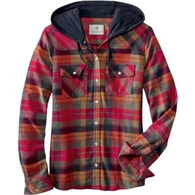 Image of Legendary Whitetails Women&#039;s Lumber Jane Hooded Flannel Shirt, Falling Leaves Plaid, XL