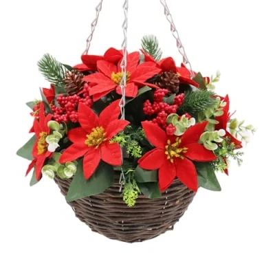 Image of Best Artificial Christmas Poinsettia Hanging Basket, 30cm, Red Flowers, Berries, Pine Cones