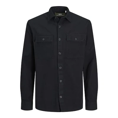 Image of JACK &amp; JONES Men&#039;s Rddbrady Solid Overshirt L/S Sn Polo Shirt, Black, L