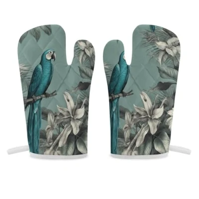 Image of Oven Mitts 2 Pcs Kitchen Glove Palm Trees and Birds Mitt Non Slip Gloves for Cooking Heat Resistant Hot Pads Microwave BBQ