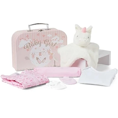 Image of Baby Box Shop 7 Newborn Girl Gifts Ideal for Christening, Birthdays &amp; Shower Includes Essentials with Comforter in Cute Keepsake Case, Hamper