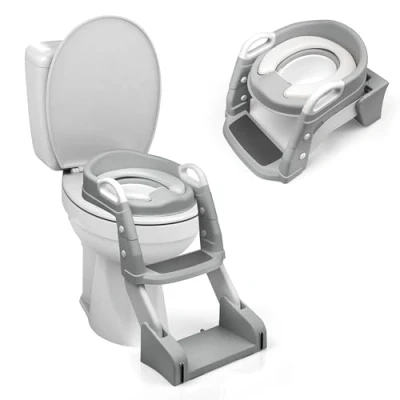 Image of Crystals Foldable Toddler Potty Training Seat with Step Ladder Comfortable Child Toilet for Boys &amp; Girls, Anti Slip Baby Urinal Chair Kids Training, Easy Up (Grey)