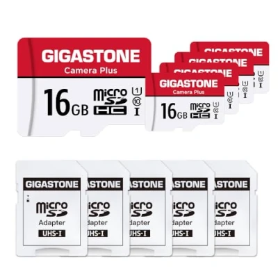 Image of Gigastone Micro SD Card 16GB 5 Pack with 5x Adapter + Mini case, Camera Plus 90MB/s, Full HD Video, U1 C10 Class 10 SDHC UHS I Memory Card, MicroSD to