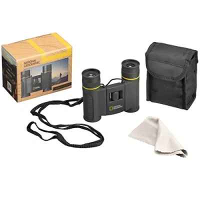 Image of National Geographic 8 x 21 pocket binoculars with foldable eyecups for people who wear glasses, rubber coating, full folding function and transport bag