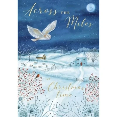 Image of Abacus Cards Across the Miles Christmas Card Barn Owl and Snowy Countryside Fields with a Foil Finish Eco Friendly Recyclable