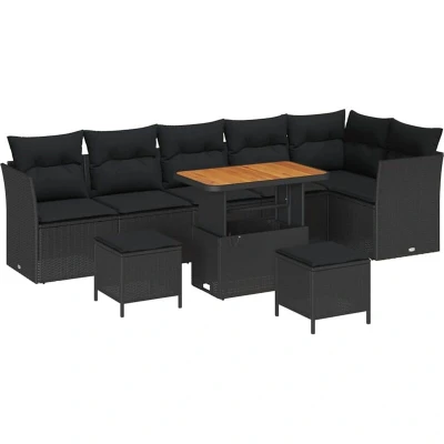 Image of vidaXL 9 Piece Garden Sofa Set with Cushions Black Poly Rattan Acacia