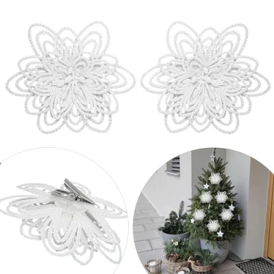 Image of Plastic Clip On Flower Hanging Decoration Christmas Tree Ornaments Xmas 2Pk 10cm (White)