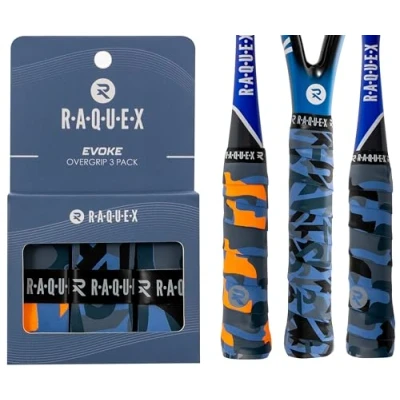 Image of Raquex Evoke Overgrip Tape 3 Pack Tennis Racket Grip Tapes (11 Designs) Racquet Anti Slip for Rackets, Badminton, Squash, Padel. Finishing Included (Mixed Camo)
