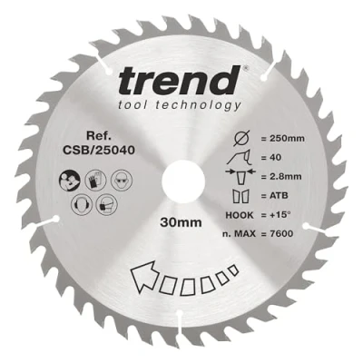 Image of Trend Wood Circular Saw Blade, 250mm Diameter, 30mm Bore, 40 Teeth, 2.8mm Kerf, +15 Hook, TCT, Medium Finish, CSB/25040