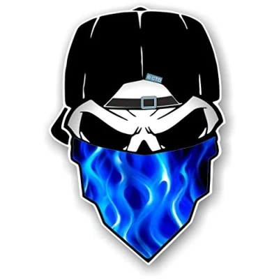 Image of Gothic Biker Skull With Bandana &amp; Blue Flames Motif Vinyl Car Sticker Decal 85x125mm