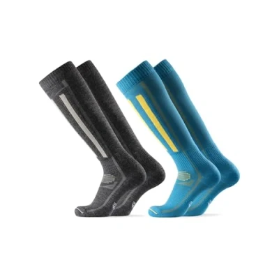 Image of DANISH ENDURANCE Ski Socks, Merino Wool, Long Thermal Socks with Shin Padding, Warm Winter for Snowboarding Walking Skiing, Men &amp; Women, 2 Pack, Multicolour (1xblue/Yellow, 1xdark Grey), 3 5