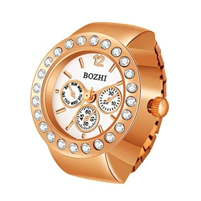 Image of JewelryWe Men Women Finger Watch: Simple Round Dial Stretchy Elastic Band Quartz Ring Watches for Valentines Day Mothers