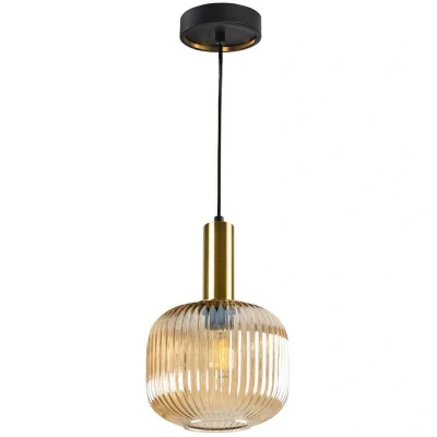 Image of Norma Globe Pendant Ceiling Light Black, Brass, Amber Glass, E27