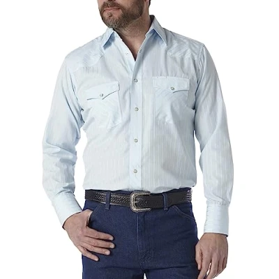 Image of Wrangler Men&#039;s Sport Western Two Pocket Long Sleeve Snap Shirt, Blue, S