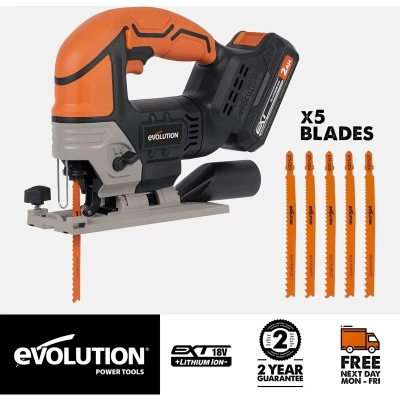 Image of Evolution Power Tools R90JGS Li Cordless Jigsaw with Parallel Edge Guide, 5 x Multi Purpose Blades for Material Cutting in Wood, Metal, Plastic, 18v Ion 2Ah Battery &amp; Charger Included
