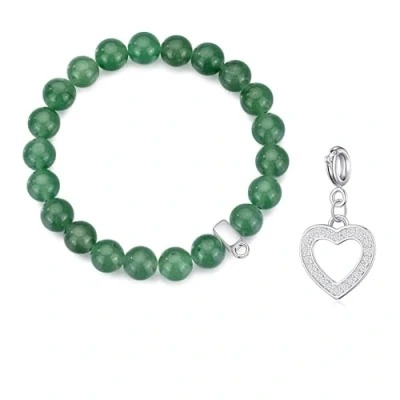 Image of Philip Jones Green Aventurine Gemstone Bracelet with Open Heart Charm Created Zircondia® Crystals