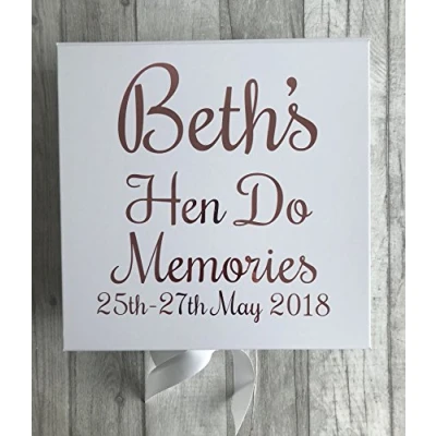 Image of Little Secrets Childrens Clothing Personalised Hen Do Memories Luxury White Ribbon Memory Keepsake Box, Rose Gold, Wedding Gift Present
