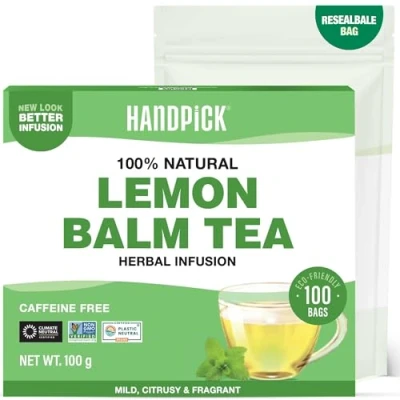 Image of HANDPICK Lemon Balm Tea Bags 100 Count Caffeine Free Herbal with Citrus Flavor &amp; Aroma Pure Leaves
