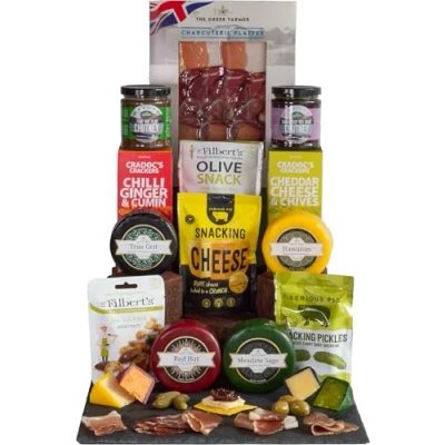 Image of InterCheese Charcuterie 4 Cheese Truckles and Meat Hamper Gift with 2 Crackers, Chutney, Gourmet Snacks Cured Platter presented in Wood Wool