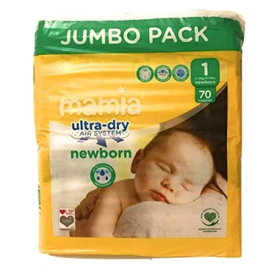 Image of ALDI Mamia Newborn Nappies, Size 1, Jumbo Pack (70 Nappies), Ultra Dry Air System