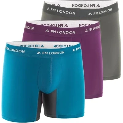 Image of FM London 3 Pack Bamboo Boxers for Men with Anti Chafe Panels Soft Long Leg Contoured Pouch Moisture Wicking, Tag Free, Breathable Men&#039;s Underwear