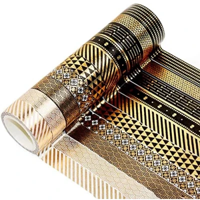 Image of YUBX 10 Rolls Washi Tape Set Black Gold Foil Print Decorative Masking Tapes for Arts, DIY Crafts, Bullet Journals, Planners, Scrapbook, Wrapping (Black 10)
