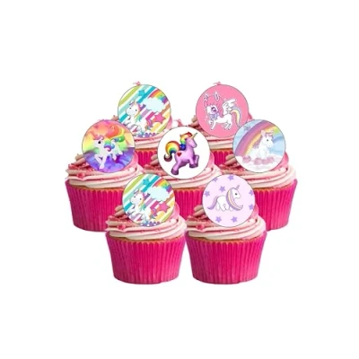 Image of 24 Precut Cute Unicorn Rainbow Edible Wafer Paper Cake Toppers Decorations