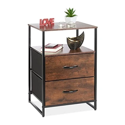 Image of Relaxdays Night Stand, Side Table, 2 Drawers, H x W D: Approx. 70 45 40 cm, Metal &amp; MDF, Black/Brown