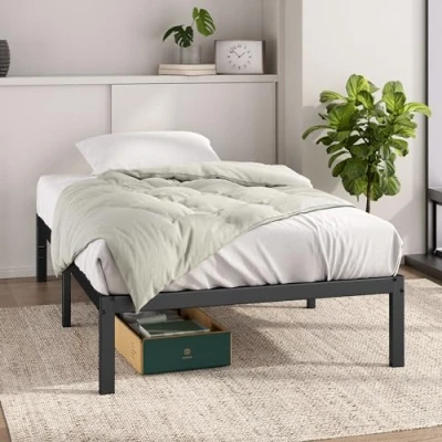 Image of Zinus Elias Single Bed frame 90 x 190 cm 36cm Height Metal with underbed storage and steel slat support Black