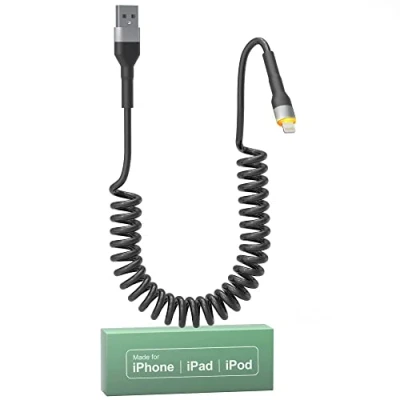 Image of Coiled iPhone Lightning Cable Apple Carplay MFi Certified, Retractable Car Play Cord with Data Sync and LED, Short Charger for iPhone/Pad/Pod, Black