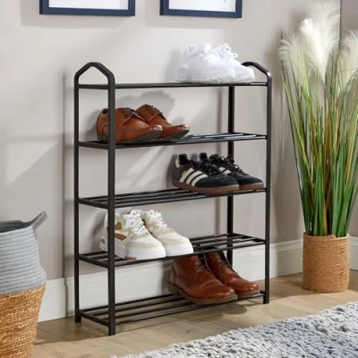Image of Home Source Shoe Storage Rack, 5 Shelves, Black Metal Frame, Bedroom Hallway Entryway Organiser