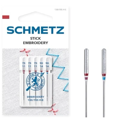 Image of SCHMETZ Domestic Sewing Machine Needles 5 Embroidery 130/705 H E Needle Size: 3x75/11, 2x90/14 for on All Conventional Household Machines and