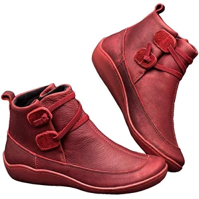 Image of Leather Ankle Boots Ladies Lightweight Low Wedge Pull on Comfortable Smart Anti Slip Casual Shoes Red 3 UK