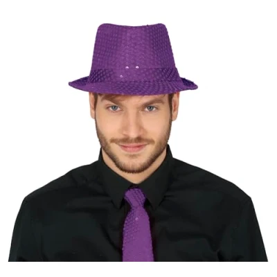 Image of FIESTAS GUIRCA Purple Sequined Gangster Hat Fancy Dress Accessory for 1920s Parties and Themed Celebrations Ideal Unisex Adults