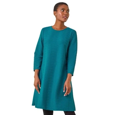 Image of Roman Originals Textured A Line Stretch Dress for Women UK Ladies Everyday Holiday Spring Summer Round Neckline Comfy Soft Evening Vacation Work Party Teal Size 20