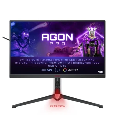 Image of AOC AGON AG274QZM 27 Inch QHD Mini LED Gaming Monitor, 240hz, 1ms GTG, IPS, HDR1000, KVM, Height Adjustable, USB HUB (2560 x 1440 @ HDMI 2.1, DP 1.4, C 65w power delivery)