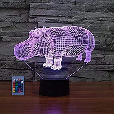 Image of Optical Illusion 3D Hippo Lamp Night Light Remote Control Touch Switch 7/16 Colors Changing USB Powered LED Decor Children Kids Toy Christmas Xmas Brithday Gift