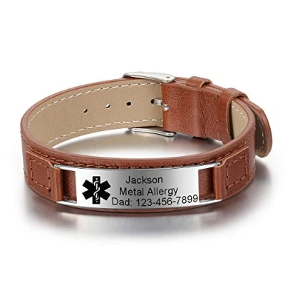 Image of KAULULU Personalised Medical Alert Leather Bracelets for Mens Womens Stainless Steel Adjustable Band Emergency Bracelet With Engrave ID Text and Symbol Gift Father Boyfriend M (#6)
